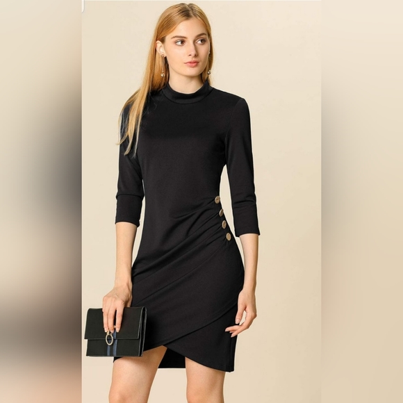 Allegra K Women's Mock Neck 3/4 Sleeve Bodycon Shirred Stretchy Sheath Dress - Picture 3 of 10